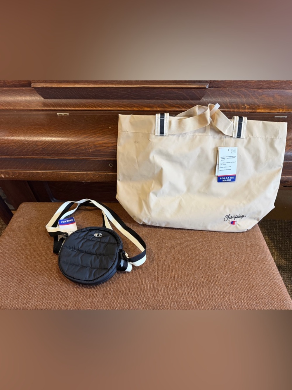 Champion Beige Tote with Black Quilted Crossbody Pouch